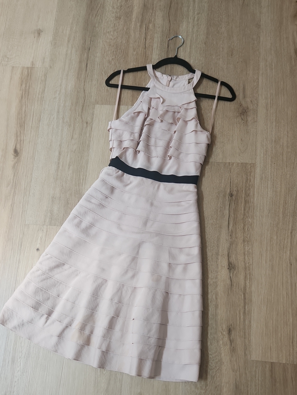 BCBGMaxAzria Blush Pink Tiered Ruffle Midi Dress with Black Waistband